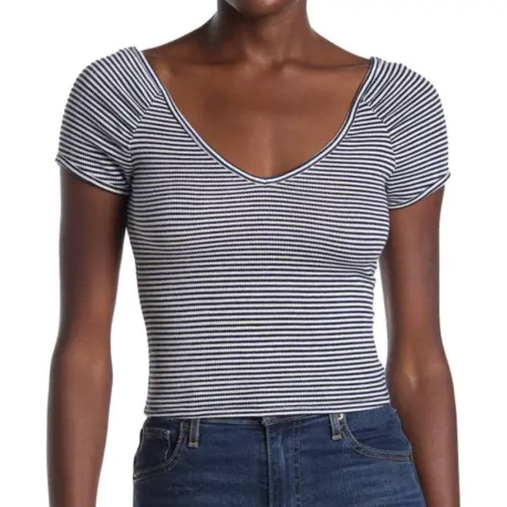 Mauby Stony  Navy & White Stripe V Neck Crop Tee, XXL